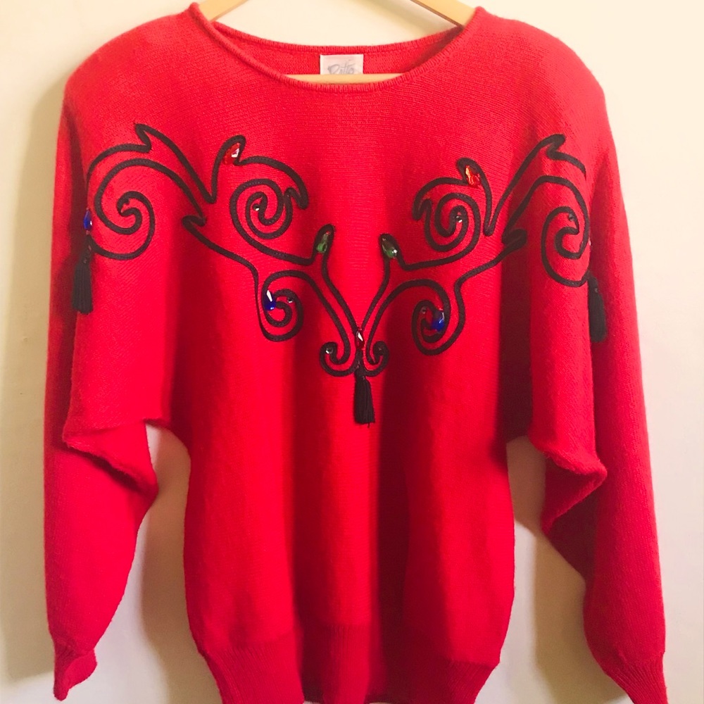 Vintage 80s red gem and tassel embellished sweater